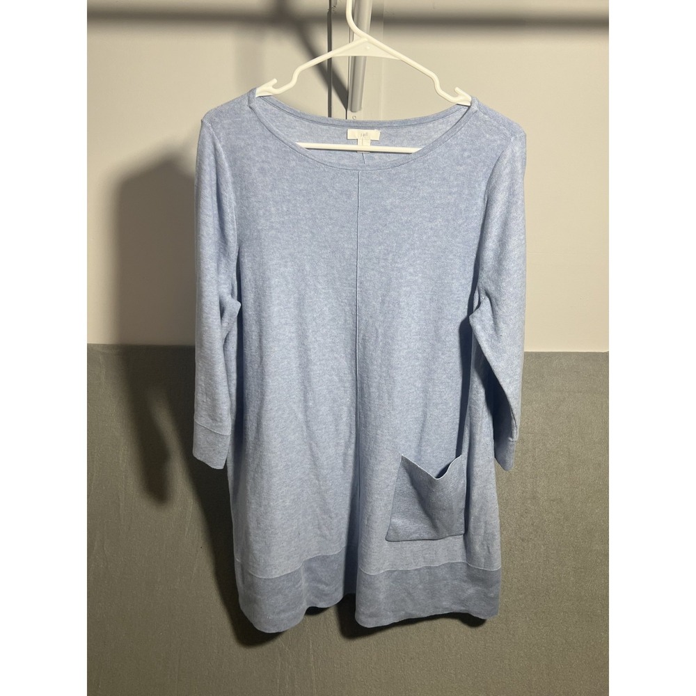 J.Jill Women's M Medium Light Blue Knit Tunic Top Sweater 3/4 Sleeve Patch